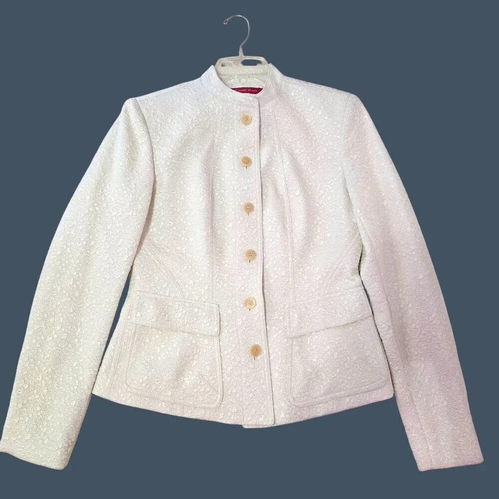 Anne Klein Off White Textured Jacket Mandarin Collar & Pockets Women Size 4 - Picture 2 of 9